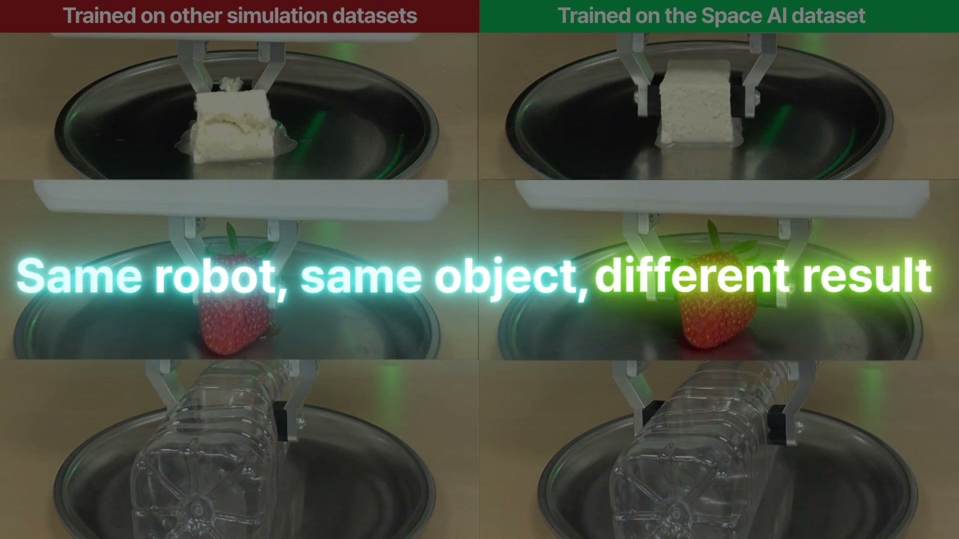 Space AI 데모 — 같은 로봇·같은 객체, 학습 데이터에 따라 달라지는 결과